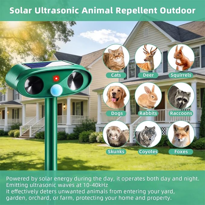 4 Pack Sonic Fortress Pro Deer Repellent Devices- Solar Ultrasonic Animal Repeller Outdoor Weatherproof with Motion Sensor & USB Charging,Deter Cats,Squirrels,Racoons,Rabbits,Skunks for Yard Garden