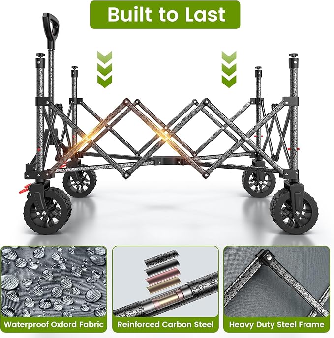 Blomoba Collapsible Wagon Cart with Wider Wheels, 330lbs Heavy Duty Foldable Beach Wagon with Auto-Rebound Handle, 180L Utility Grocery Shopping Cart for Garden, Shopping, Camping, Sports, Gray