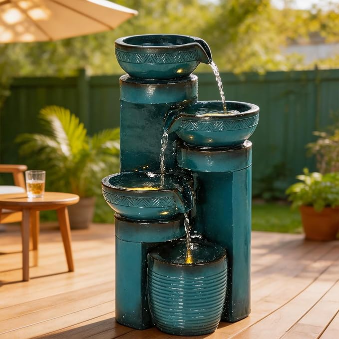 AUTODAYA 19.3" Outdoor Water Fountain with LED Lights, 4-Tier Cascading Water Feature with Pump, Turquoise Faux Ceramic Pedestal Waterfall for Garden, Patio, Yard or Porch