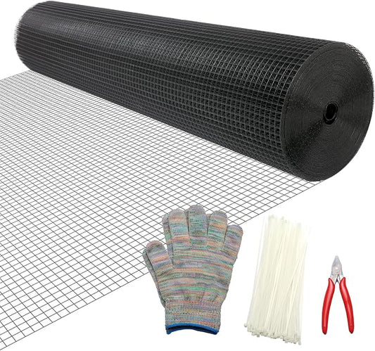 Black Hardware Cloth 1/2in 48inx100ft, Chicken Wire Fencing, PVC Coated Metal Welded Wire Mesh Roll, for Rabbit Snake Groundhog Gopher Netting Cage Vegetable Garden Fence Animal Barrier