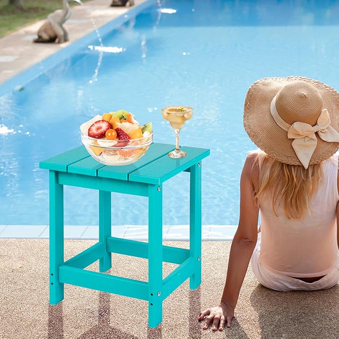 LZRS Square Patio Side Table, Heavy Duty HDPE Outdoor End Table with Wood Texture, Weatherproof Composite Table for Adirondack Chairs, Deck, Pool, Indoor/Outdoor, No Peeling or Cracking(Turquoise)