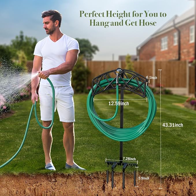 Winpull Garden Hose Holder Detachable Heavy Duty Metal Water Hose Hanger, Freestanding Hose Storage Stand Rack for Outside (Black)