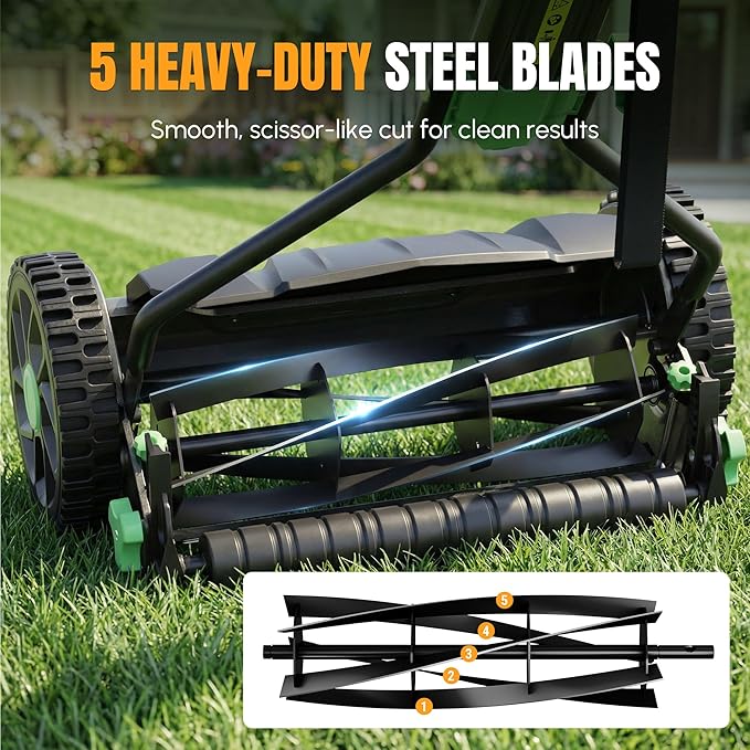WORKPROX 16-Inch Push Reel Lawn Mower, Adjustable Height 5-Blade Reel Mower with Removable 8-Gallon Grass Catcher for Yards and Gardens, Black