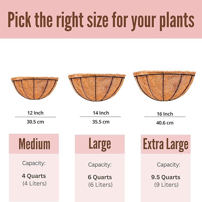 LaLaGreen Large Wall Flower Baskets, 4 Pack, 16 Inch Rail Planter for Outdoor Plants, Metal Wire Plants Holders with Coco Liner Outside Fence Balcony Garden Pots Railings Hanging Deck Porch Decor