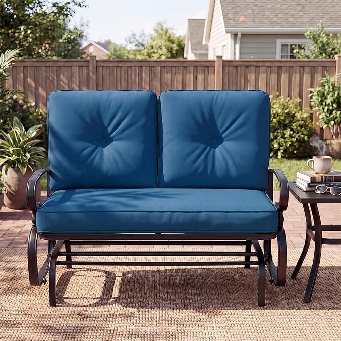 Giantex Outdoor Glider Bench, Patio 2 Person Loveseat with Removable Cushion, Thick Padded Seat, Stable Steel Frame, Outside Glider Swing Chair for Deck, Poolside, Yard, Porch Glider (Blue)