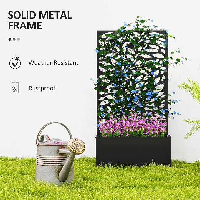Outsunny Metal Raised Garden Bed with Trellis for Climbing Plants, Freestanding or Wall Mounted Flower Bed with Privacy Panel, Leaves Cut-Outs Outdoor Planter Box for Garden, Patio, Balcony
