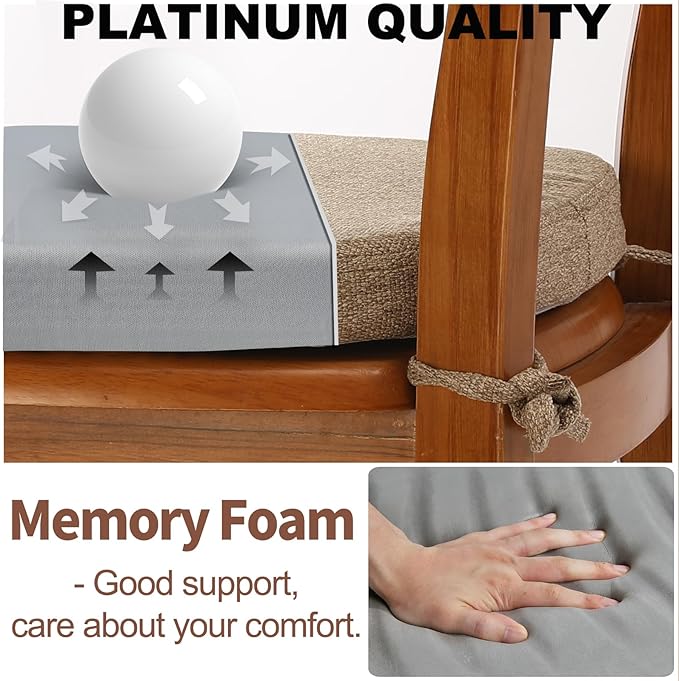 SINOSSO 1 Pack Memory Foam Chair Cushions for Dining Chair, Friendly Woven Fabric 16" U-Shape Comfortable Kitchen Chair Pad, Removable Slip Resistant Seat Cushion (1 Piece, Linen)