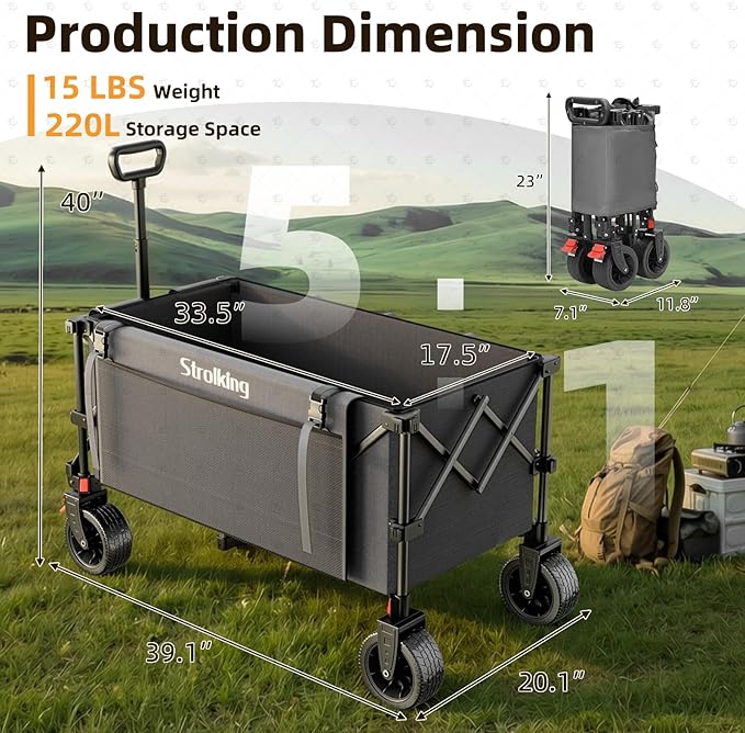 220L Collapsible Wagon Cart, 39" L Extended Frame and 440Lbs Heavy Duty, Lightweight 15lbs Folding Garden Cart with Silent All-Terrain Wheels for Beach, Camping Grass and Grocery, Grey