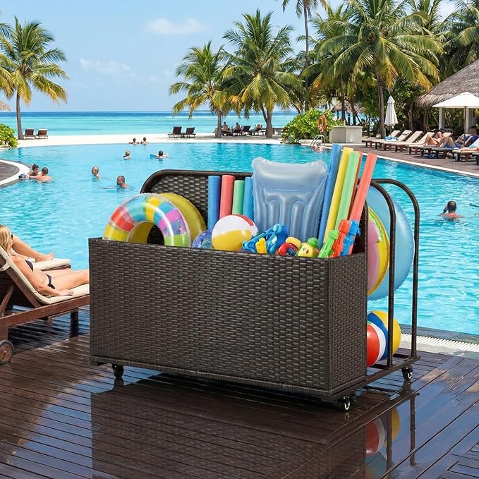 FDW Pool Float Storage Poolside Storage Bin Holder Storage Rack with Wheels PE Rattan Basket Open Compartments for Floaties Noodles Life Vests Beach Balls Equipment Cushions Patio furniture