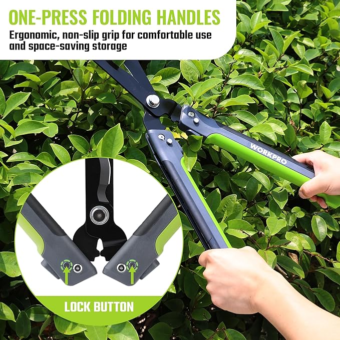 WORKPRO 23" Hedge Shears, Foldable Hedge Clippers with High-Carbon Steel, Manual Hedge Trimmers with Wavy Blades & Ergonomic Handle, Garden Shears for Hedges, Shrubs, Boxwood, Dense Garden Growth