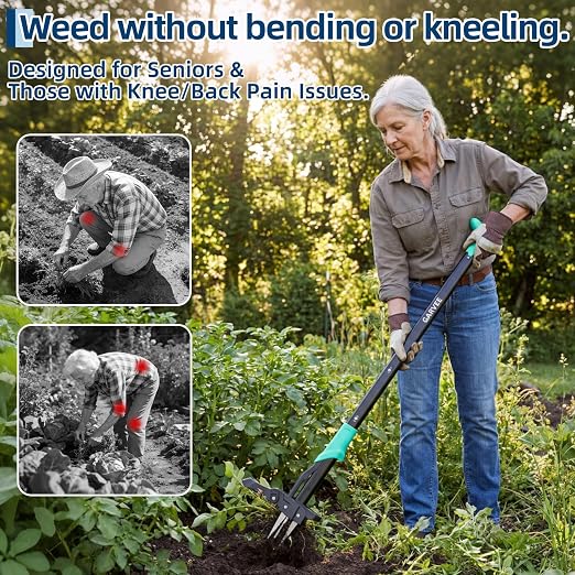 DEXSO Weed Puller Tool with Long Handle- 4-Claw Stand Up Remover 40" Easy-Eject Mechanism Manual Weeders Weeding Tools Gardening