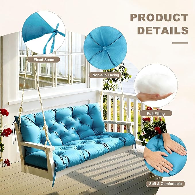 Porch Swing Cushion with Backrest,Waterproof Bench Cushion for Outdoor Furniture,2-3 Seater Replacement Thickened Swing Cushion with Ties,Patio,Outdoor,Backyard and Garden (SkyBlue,47x40)