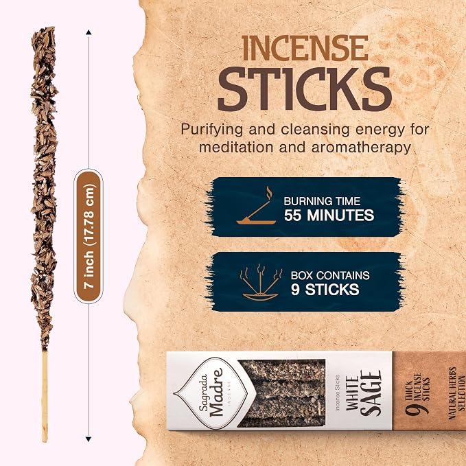 Sagrada Madre 9 pcs Wildly Harvested - White Sage Incense Sticks, 7" Long - Thick Aromatic Incense Sticks (45-55 min Burning Time) to Neutralize Negative Energies & Harmonizing Spaces