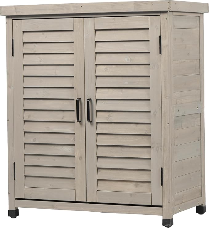 YOPTO Outdoor Wood Storage Cabinet,Garden Shed Tool with Metal Table Top, Backyard Waterproof Shelter W/Ventilated Screen Door & 2 Handles,2 Compartments,Workstation for Lawn,31x17x36'',Grey