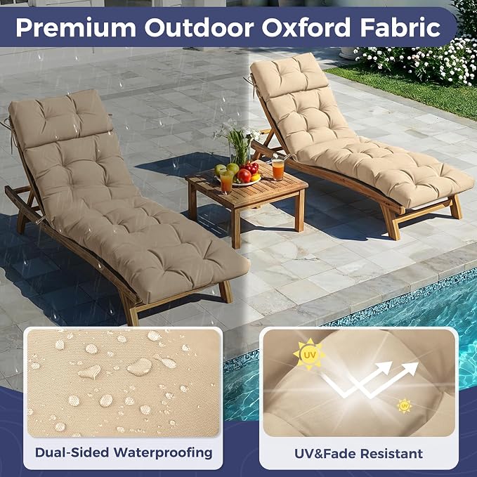 Outdoor Chaise Lounge Cushions 75.1x22.8x4.7 Inch, Waterproof Lounge Chair Cushions for Pool, Patio, Deck, Lawn, Fade Resistant Lounge Cushions for Outdoor Furniture, Beige, Set of 2