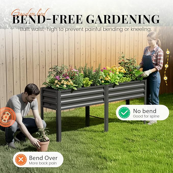 KING BIRD Raised Garden Bed with Legs & Water Storage Tank Galvanized Elevated Planter Box 80×17×31.5 in for Backyard, Patio, Balcony, 500lb Capacity, Dark Grey