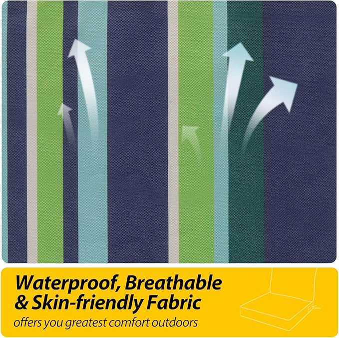AAAAAcessories Outdoor Seat Cushions for Chairs, Fade-Resistant, Waterproof Patio Furniture Replacement Cushions, 25.5" x 25.5" x 5" + 25.5" x 19", Stormy Teal Coastal Stripe