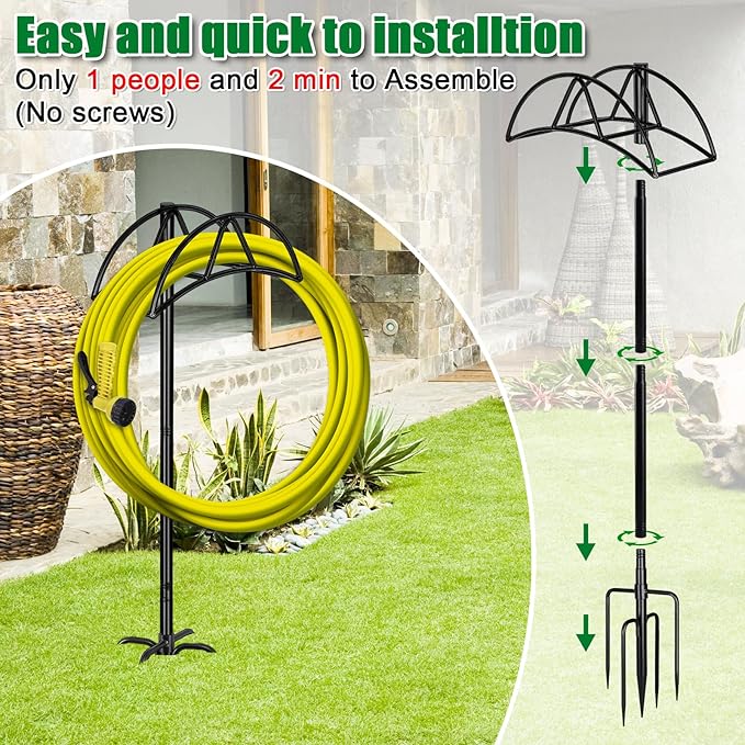 Gtongoko Garden Hose Holder with Upgrade 5 Prongs Base Freestanding Water Hose Holders for Outside Holds 150ft Hose Heavy Duty Metal Hose Hanger Sturdy Detachable Hose Stand Organizer Yard Black