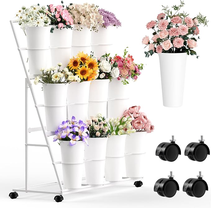 Invech Flower Display Stand with 12 Buckets and Wheels, 3 Tier Flower Cart Display Stand for Indoor Outdoor Garden, Wedding, Flower Shop (White)