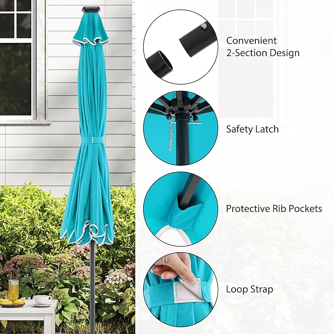 Tangkula 10FT Solar LED Patio Umbrella, 2-Tiers Scalloped Outdoor Table Market Umbrella with 24 LED Lights, Vented Top, Tilt Adjustment, Crank, 8 Ribs for Backyard Poolside Deck Beach Lawn (Turquoise)