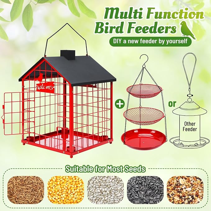 Bird Feeders for Outdoors, Metal Bluebirds Bird Feeder, Huge Caged Squirrel-Proof Bird Feeders with 4 Cups, DIY Wild Bird Feeders Outdoor Hanging, Attract Small Birds, 3 Layer Seed Tray (Red)