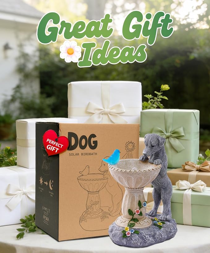 Nacome Solar Dog Statues for Garden Decor: IP65 Waterproof Resin | Outdoor Yard Patio Balcony Front Decorations, Birthday Gifts for Bird Lovers Mom Grandma Women, Automatic Warm LED Light