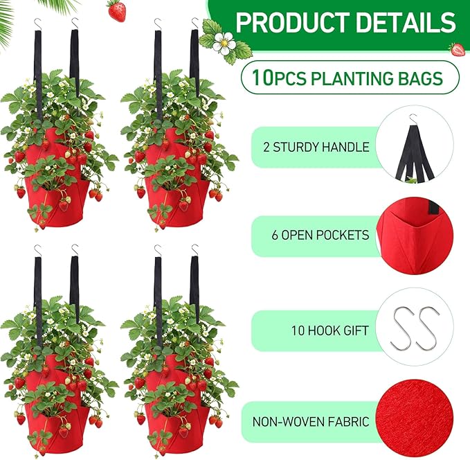 SATINIOR 10 Pack Upside Down Strawberry Planter Set Hanging Vegetables Grow Bags with 10 S Hooks, 3 Gallon Fabric Planting Bags for Easy Vertical Gardening(Red)