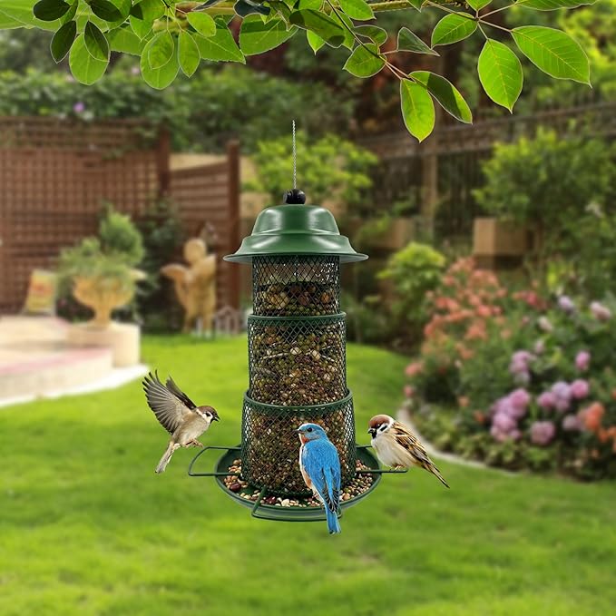 Green Metal Bird Feeder – Squirrel-Resistant Hanging Feeder with 4 Perches | Large Seed Capacity, 360° Mesh for Backyard & Garden, Round