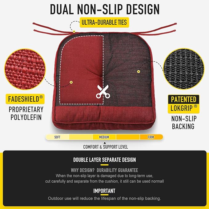 SUNROX Memory Foam Non Slip Rocking Chair Cushion, FadeShield Water Resistant Thicken Durable Tufted Pads, Set of Seat & Back Cushion with Ties for Indoor/Outdoor Rocker, 2 Piece, Burgundy