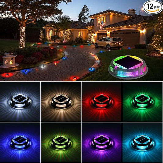 Solar Driveway Lights Outdoor 12 Pack, RGB Colors Solar Deck Dock Lights Outdoor Waterproof IP68, 3 Dynamic Light Modes Driveway Marker for Warning Stair, Boat Dock, Step, Walkway, Garden Decor