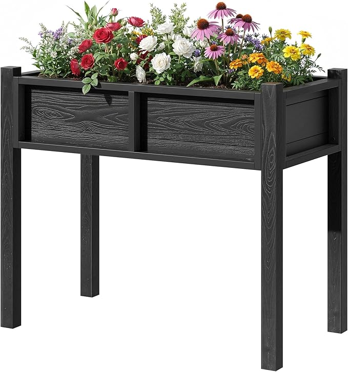 DWVO Raised Planter Box with Legs Raised Garden Bed HDPE Poly-Wood All-Weather Elevated Garden Bed with Drainage System Planter Boxes Outdoor for Herbs Vegetables Flowers, Black