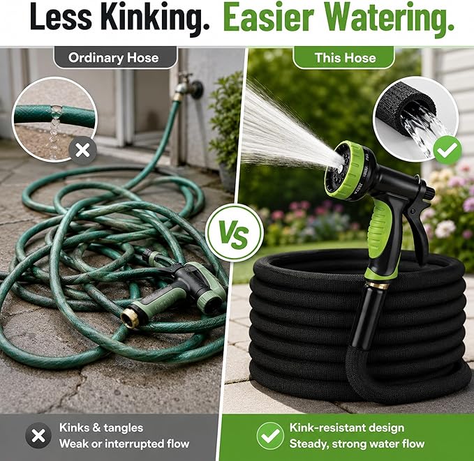 Garden Hose 75FT, NON-EXPANDABLE Flexible Water Hose, Lightweight, Kink-Free, High-pressure Hose Male to Female Fittings for Watering Plants, Washing Cars, Cleaning Patios and Bathing Pets.