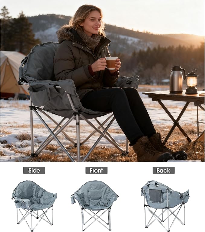 SunSettler Heated Camping Chair, Oversized Heated Outdoor Chair for Adults with 3 Heat Levels, Portable Folding Padded Chair for Camp, Lawn, Sports (Battery NOT Included) (Grey)
