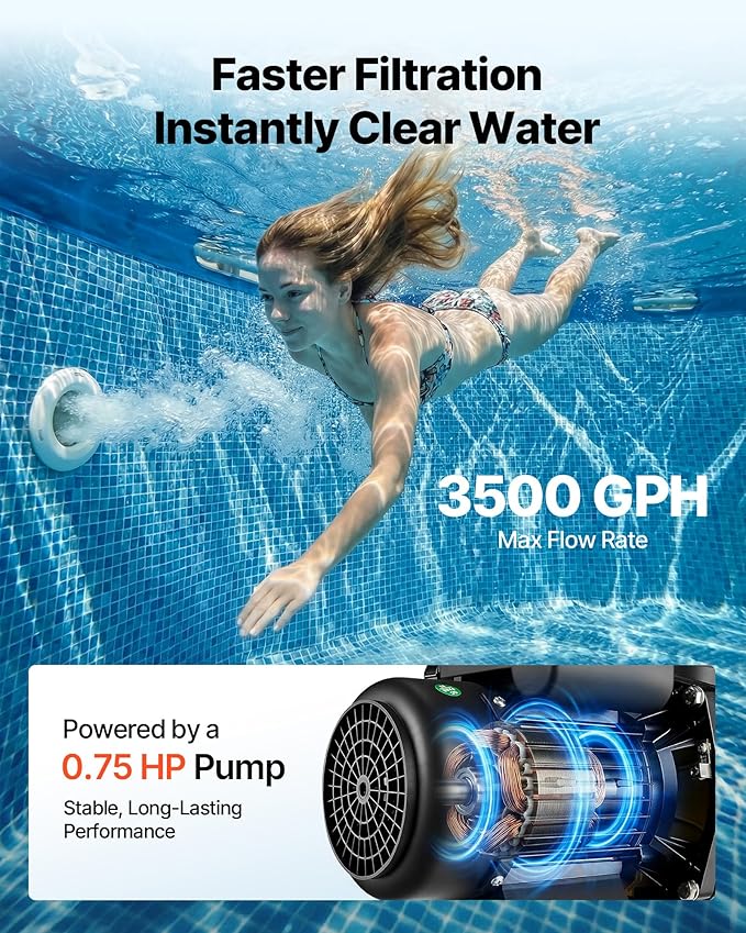 VEVOR 13 in Sand Filter Pump for Above Ground Pool, 0.75 HP 3500 GPH, Swimming Pool Sand Filter Pump with Pre-Assembled Core & Leak-Resistant Design, 6-Way Valve, High-Efficiency Filtration for Pools