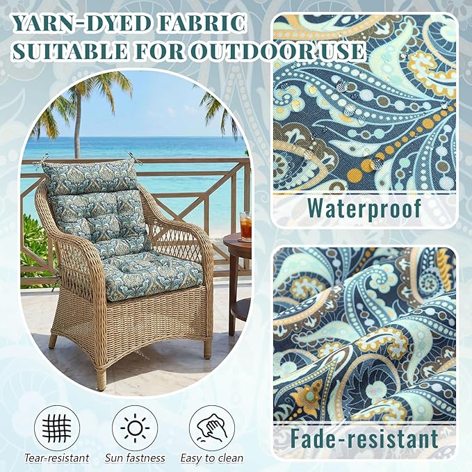 Sintuff 4 Pcs 44 x 21 x 4 Patio Chair Cushions Outdoor Chair Cushion Seat/Back Tufted Pillow with Ties Water Resistant Replacement Indoor Patio Furniture Outdoor Furniture (Paisley,Cyanine)