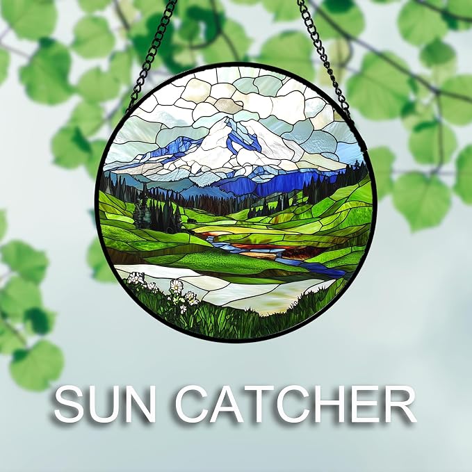 DASTOLL Stained Glass Window Hanging 4 Pcs Set Mountains Lake Green White Landscape 7.8" - Suncatcher Door Garden Sun Catcher Decor Birthday Christmas for Mom Woman Nana Men