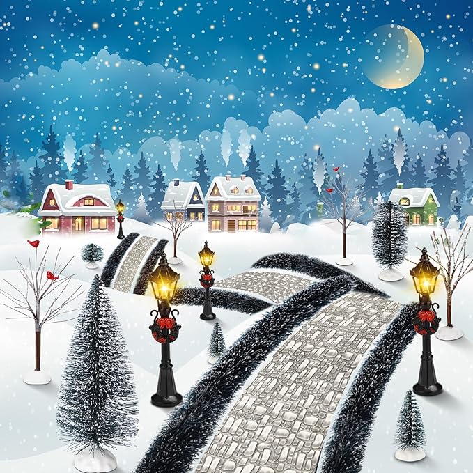 Hotop 18pc Christmas Village Accessories 47.2 Inch Village Roads Mini Snowy Trees Streets Light Lamppost Hedge Figurines Set for Display Winter Holiday Decorations DIY Crafts No Batteries(Joyous)