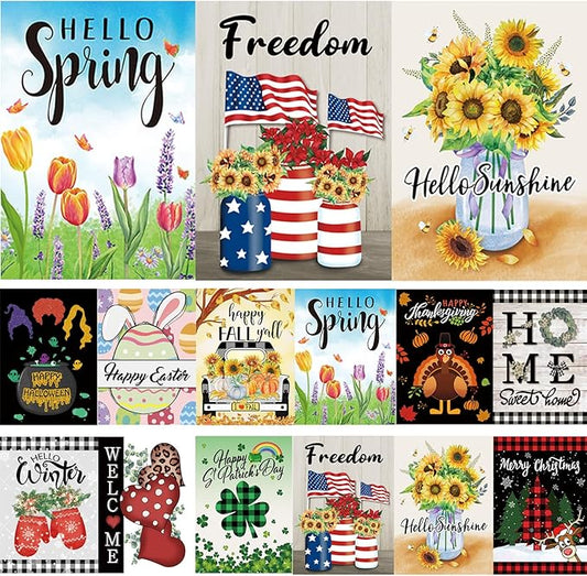 Pating Seasonal Garden Flags Set of 12 Double Sided 12 x 18 Inch, Small Yard Flags for Outside, Christmas Halloween Easter Valentine's Day Outdoor Decor, Holiday Garden Decorations for All Seasons