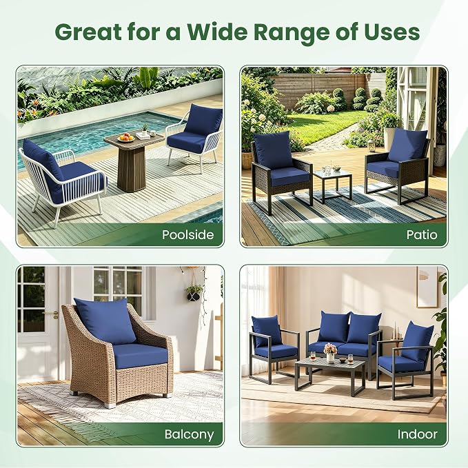 Patio Cushions for Outdoor Furniture, 24x24 Outdoor Couch Cushions, Waterproof & Fade-Resistant Patio Chair Cushions with Removable Cover, Replacement Outdoor Deep Seat Cushion, Navy Blue (Set of 2)