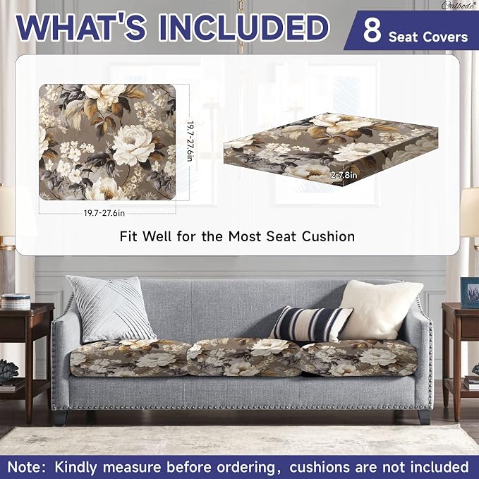 CALBODE 8 Pcs Stretch Outdoor Seat Cushion Covers, Washable Chair Seat Cover for Patio Furniture Cushions Soft Indoor and Outdoor Couch Cover Replacement (Brown Blooms, Cover Only)
