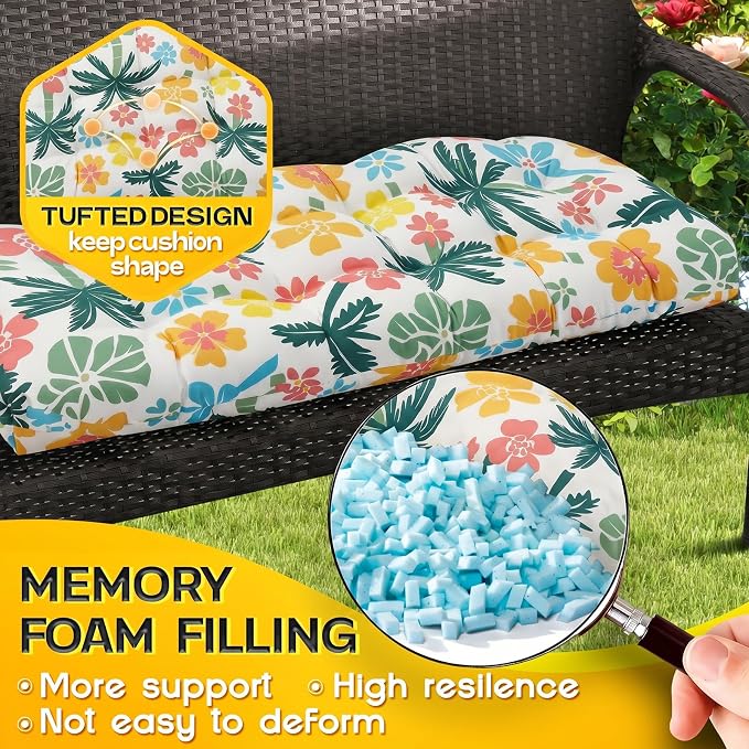 MAGIC ELEPHANT Outdoor Bench Cushion, Memory Foam Loveseat Cushion for Patio Furniture Wicker Chair, Settee Porch Swing Seat Cushion, 44 x 19 Inches (Hawaiian Palm Floral)