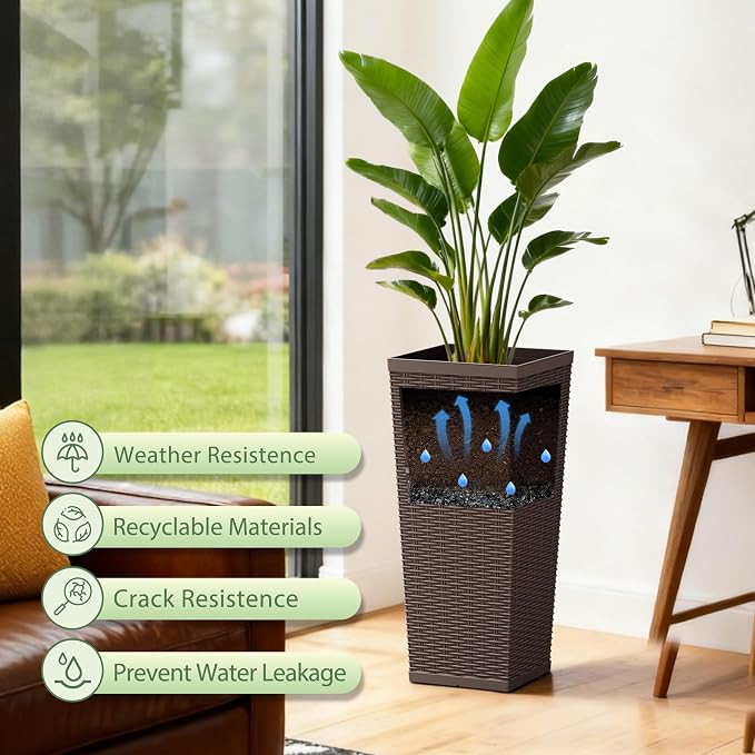 30 Inch Tall Plastic Planters(Set of 2), Detachable Inner Pot & Drainage Holes, Outdoor Decorative Flower Pots for Large Plants, Trees, Patio, and Garden, Brown