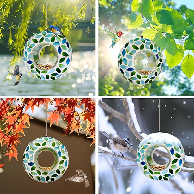Hanging Bird Feeders for Outdoor Glass Mosaic Fly Through Wild Bird Feeder Round Shape Birdfeeder for Outside Garden Yard Patio Decoration Green