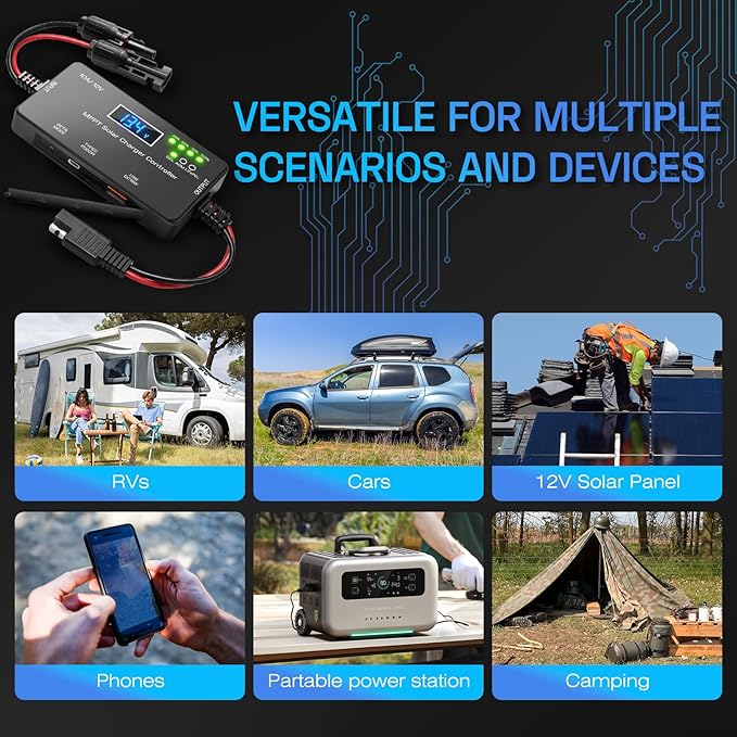 MPPT Solar Charge Controller 12V 10A, Solar Panel Regulator with LCD Display, Type-C & USB Charging Ports, Compatible with LiFePO₄, Lithium, Gel, AGM Battery for RV Boat Marine Off-Grid System