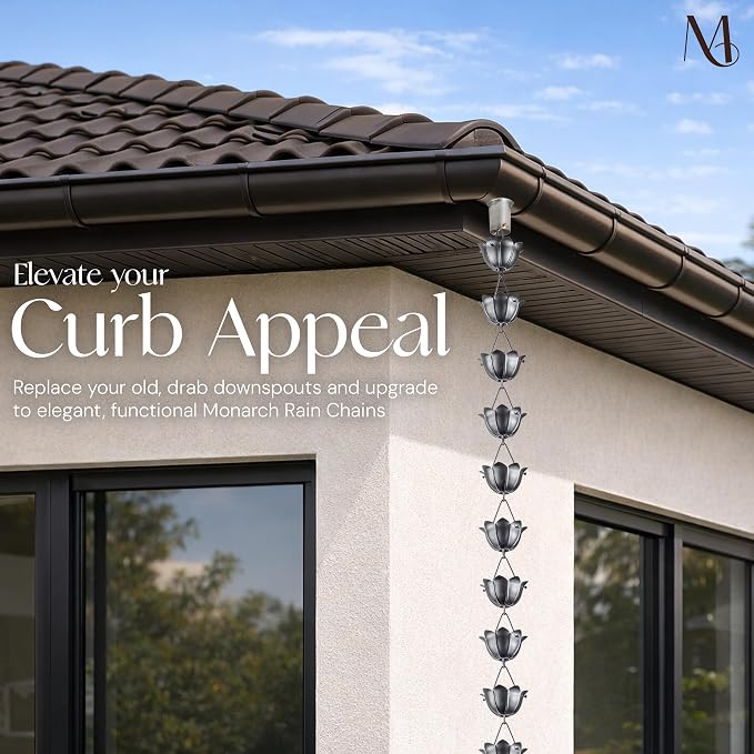 Monarch Rain Chains Aluminum Lotus Pewter Rain Chains for Gutters – 8.5 ft Pewter Decorative Rainchain Outdoor Durable Heavy Duty Gutter Chain Downspout, Modern Rainchains for Outside