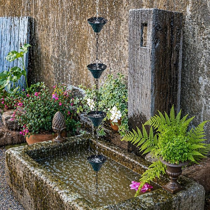 8.5FT Bell Iron Rain Chains for Gutter and Rain Barrel, Rust-Resistant Plated Garden Décor for Downspout, Bonus Rain Chain Gutter Adapter (Antique-Blue)