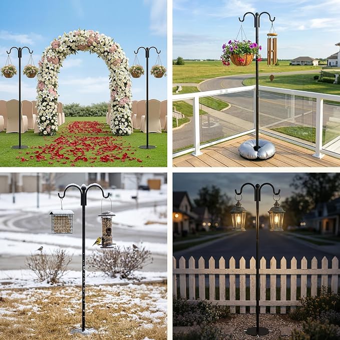74 Inch Double Shepherds Hooks for Outdoor Bird Feeder Pole, Plant Hangers Balcony, Heavy Duty Garden Hooks Stand for Hanging Basket, Wind Chime, Hummingbird Feeder, 4 Ground Stakes Included
