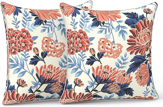 LVTXIII Outdoor/Indoor Throw Pillows, Decorative Patio Accent Pillows, Fluffy Water Repellent Garden Cushions for Home Patio Coach Sofa Use, 20×20 Inch, Pack of 2, Red Chrysanthemum