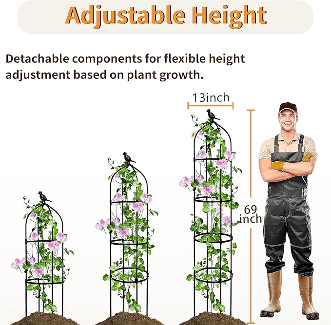 4 Pack Garden Obelisk Trellis for Climbing Plants Outdoor, 6FT Adjustable Metal Plant Support with 3 Decorative Tops, Black Rustproof Trellis for Roses, Tomatoes, Clematis & Vines