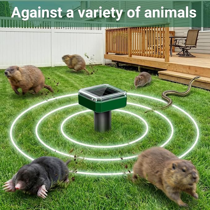 4 Packs Solar Mole Repellent, 2026 Upgraded Ultrasonic Gopher Deterrent Stakes, IP65 Waterproof Sonic Vole Groundhog Snake Control for Lawn Garden Yard Farm